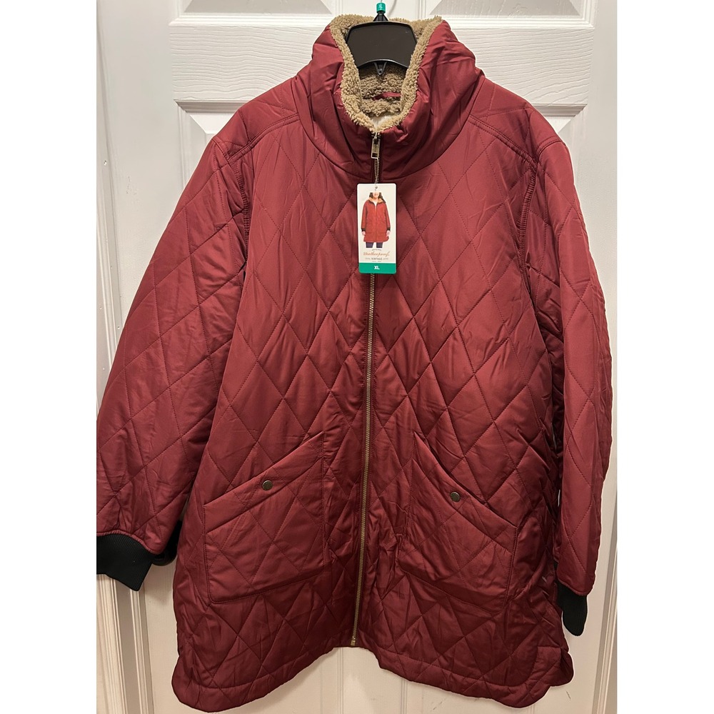 NWT Weatherproof Vintage Quilted Sherpa Puffer Jacket Burgundy XL Long Coat